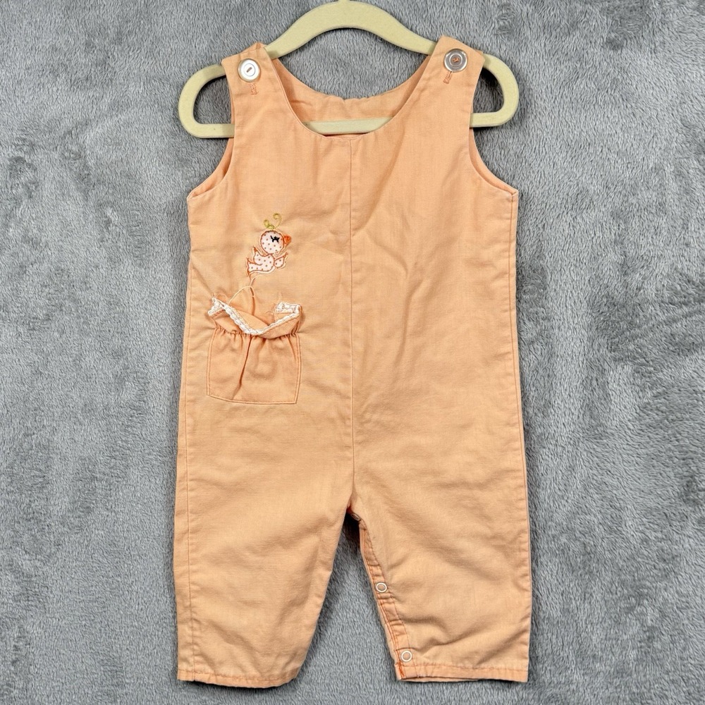Vintage Peach Overalls Size 2T Bird Made in USA 80s Gender Neutral Pocket